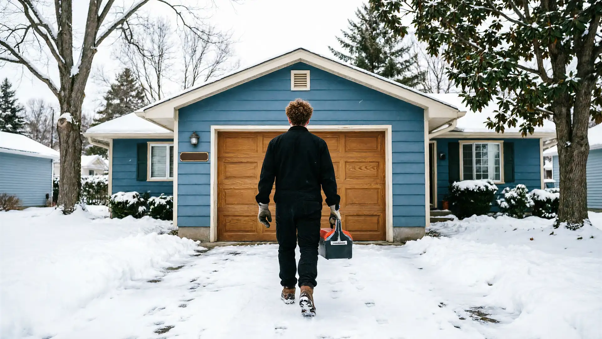 A technician walks with a toolbox toward a blue house with a wooden garage door.