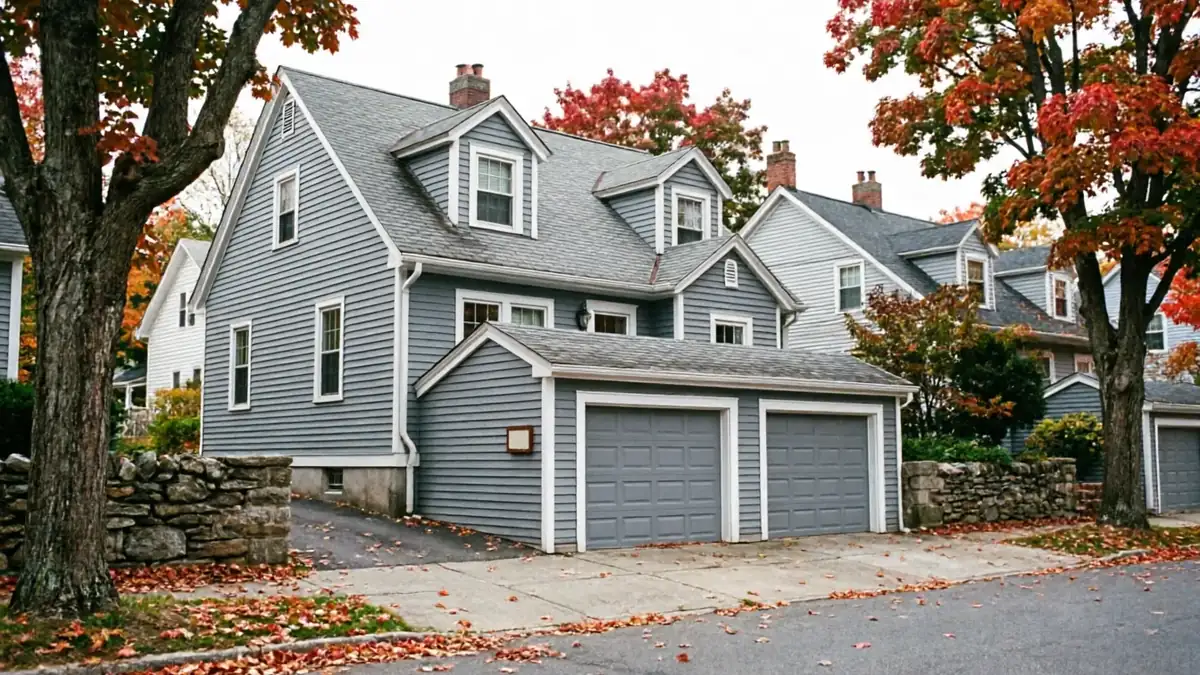 A gray house with two gray garage doors is surrounded by autumn trees.