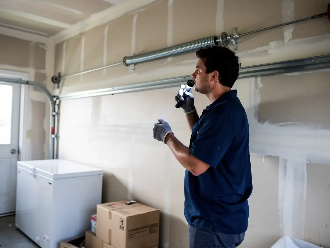 A technician in a blue shirt holds a flashlight and looks at a garage door torsion spring.