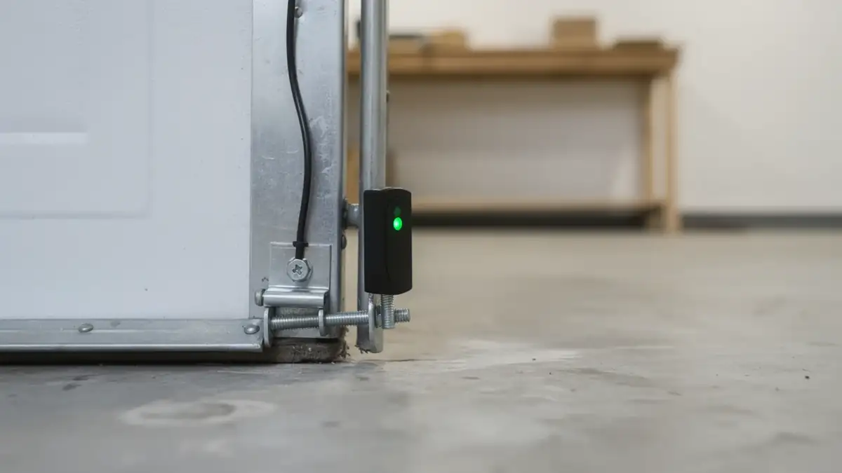 A garage door safety sensor with a green light is mounted on a metal track.