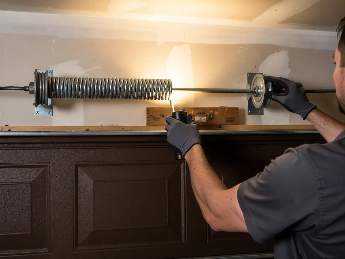 A technician lubricates a garage door torsion spring and shaft above a brown garage door.