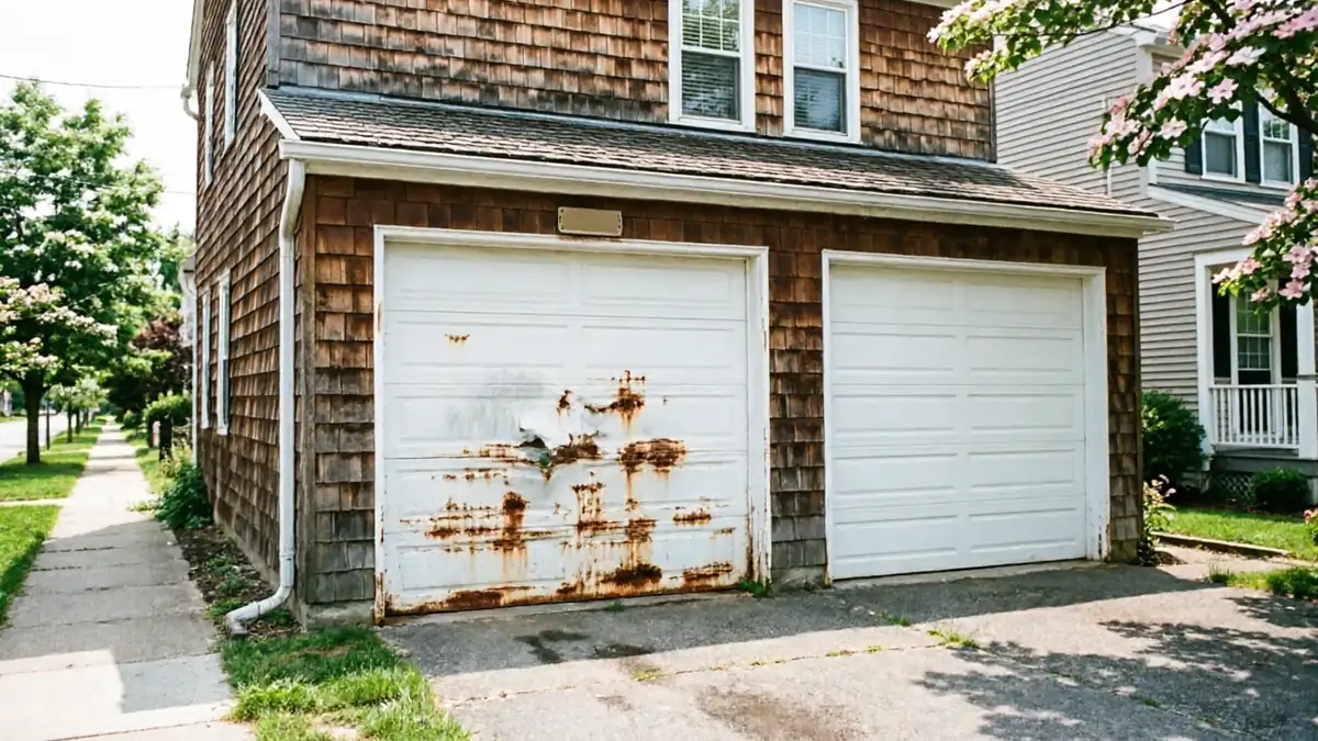 The garage has two white doors, one with significant rust and a dent.