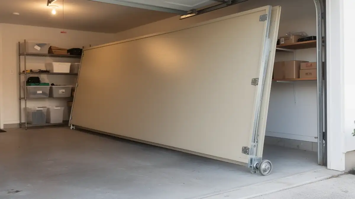 The garage door is off its tracks and leaning against the garage wall.